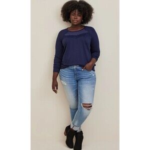 Torrid LT WT FRENCH TERRY CREW NECK Lace INSET RAGLAN‎ SWEATSHIRT 1 1X XXL Navy